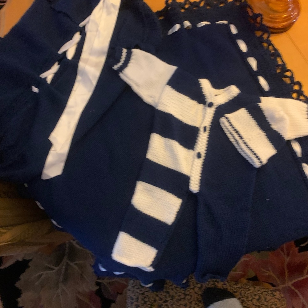 4 pc Baby Bunting set Hand Crocheted Navy and white BRAND NEW